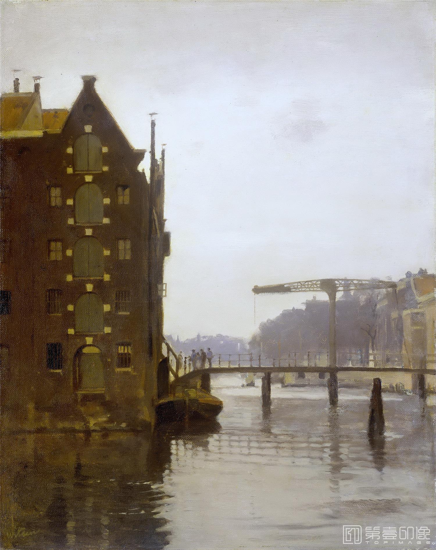 油画-荷兰阿姆斯特丹国家美术馆-Witsen Willem Pakhuizen aan een Amsterdamse gracht op Uilenburg 1885-1922